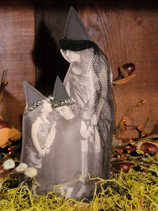 Vintage Style Halloween Mother witch and children standing 3D paper photo decoration.