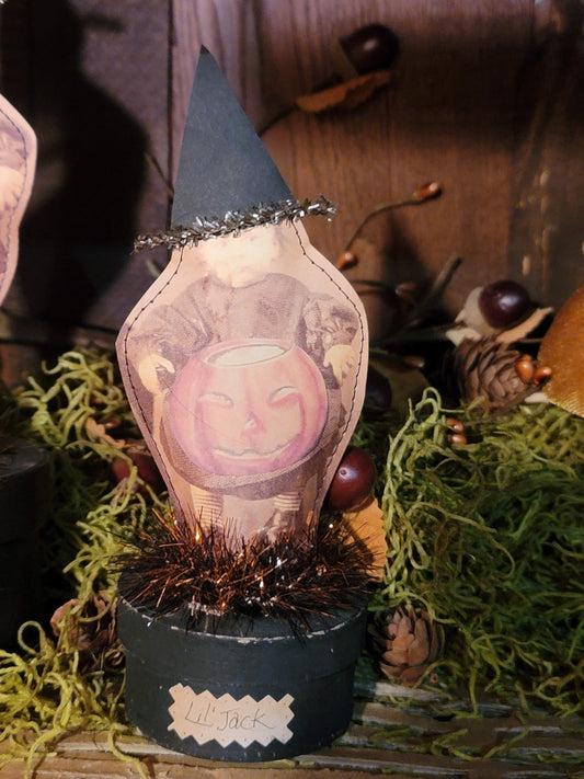 Vintage Halloween style witch lil jack boy set witch photo on box container primitive witch