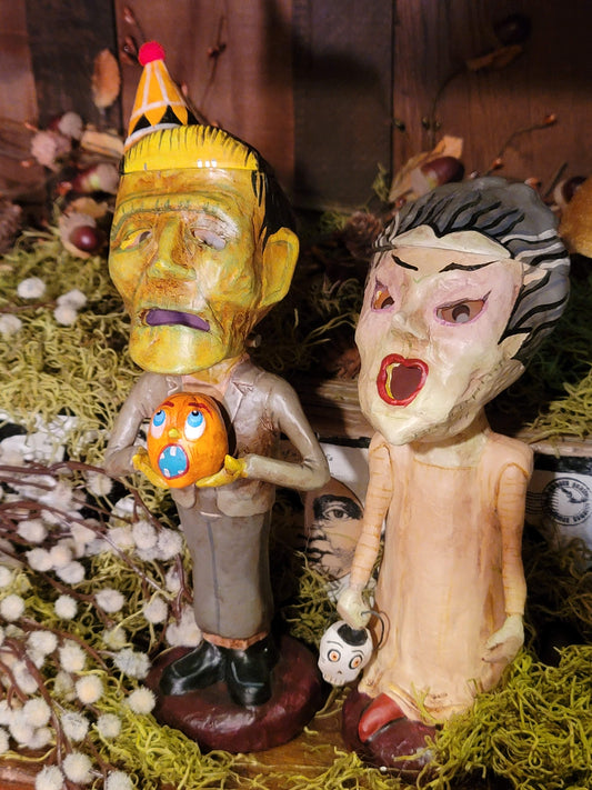 Vintage Halloween Style Frankenstien Bride and Groom Figurine Containers Set