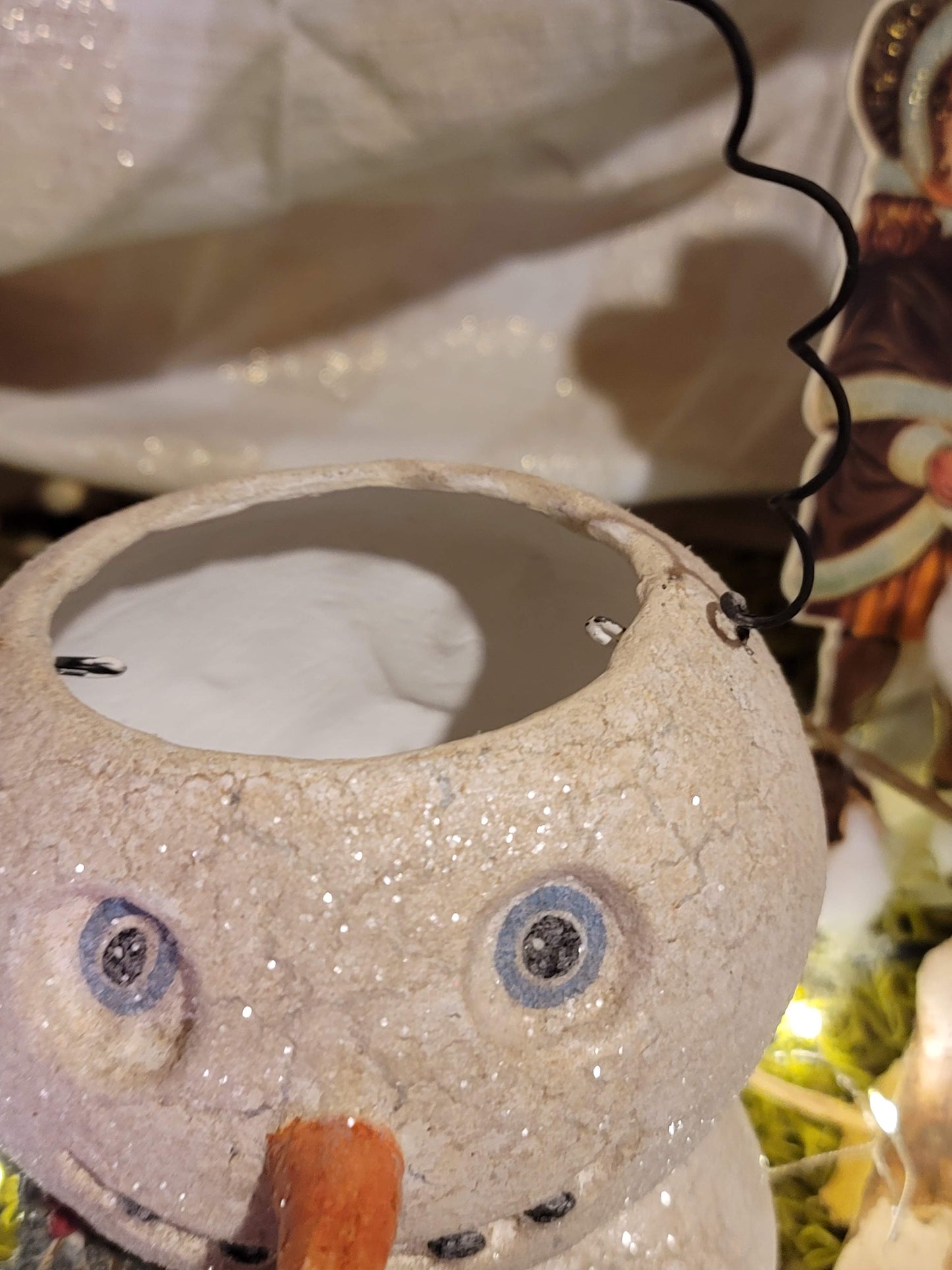 Vintage Christmas Bethany Lowe Folk Art Snowman Bucket with Figure Skate Container