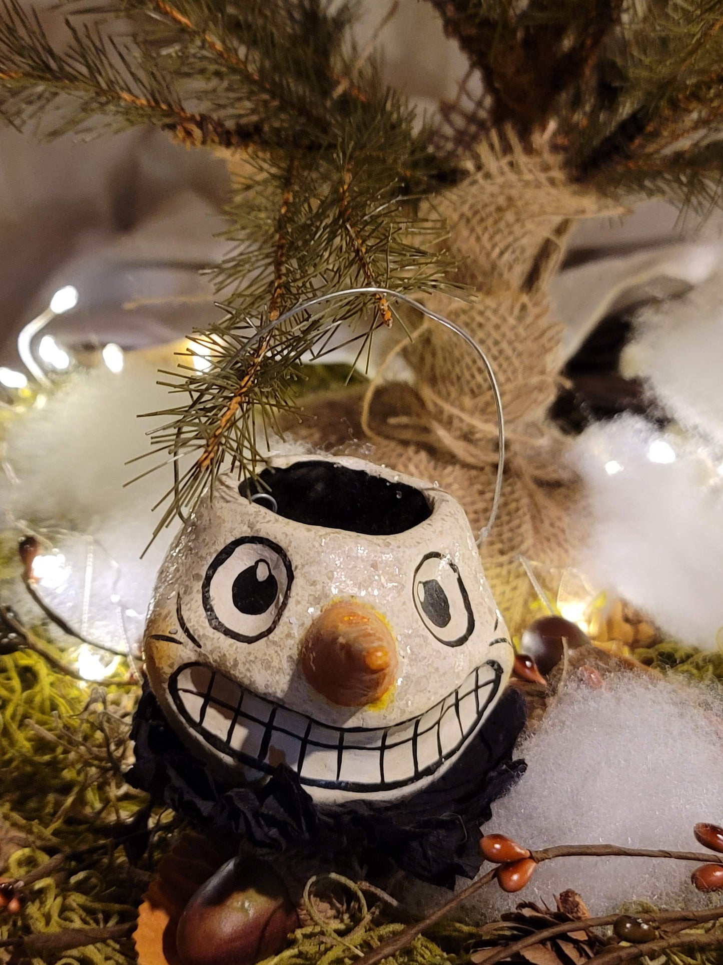 Vintage Halloween Christmas Style Silver Willow Snowman Head Bucket Ornament