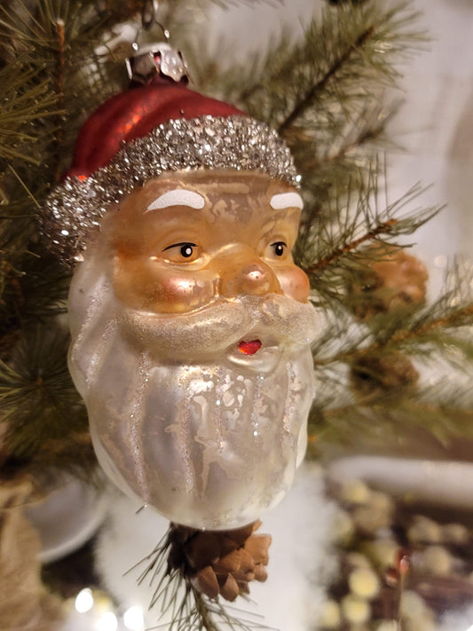 Vintage Retro Style Santa Head Father Christmas Glittered Glass Ornament