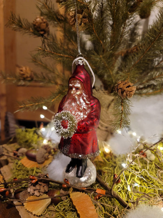 Vintage Victorian Christmas Style Mercury Glass Belsnickle Santa with Wreath Ornament