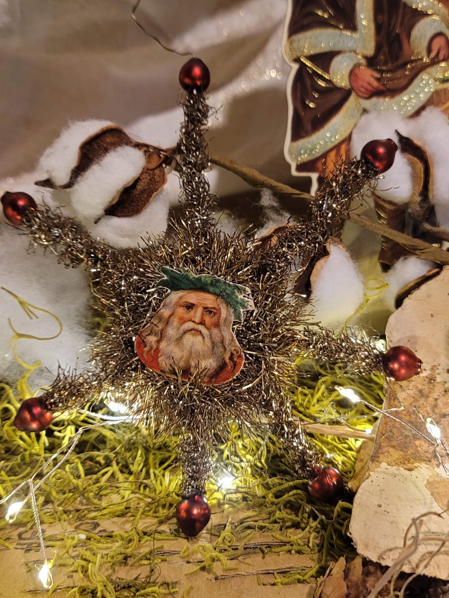 Vintage Victorian Christmas Style Antiqued Santa Tinsel Ephemera Star Ornament
