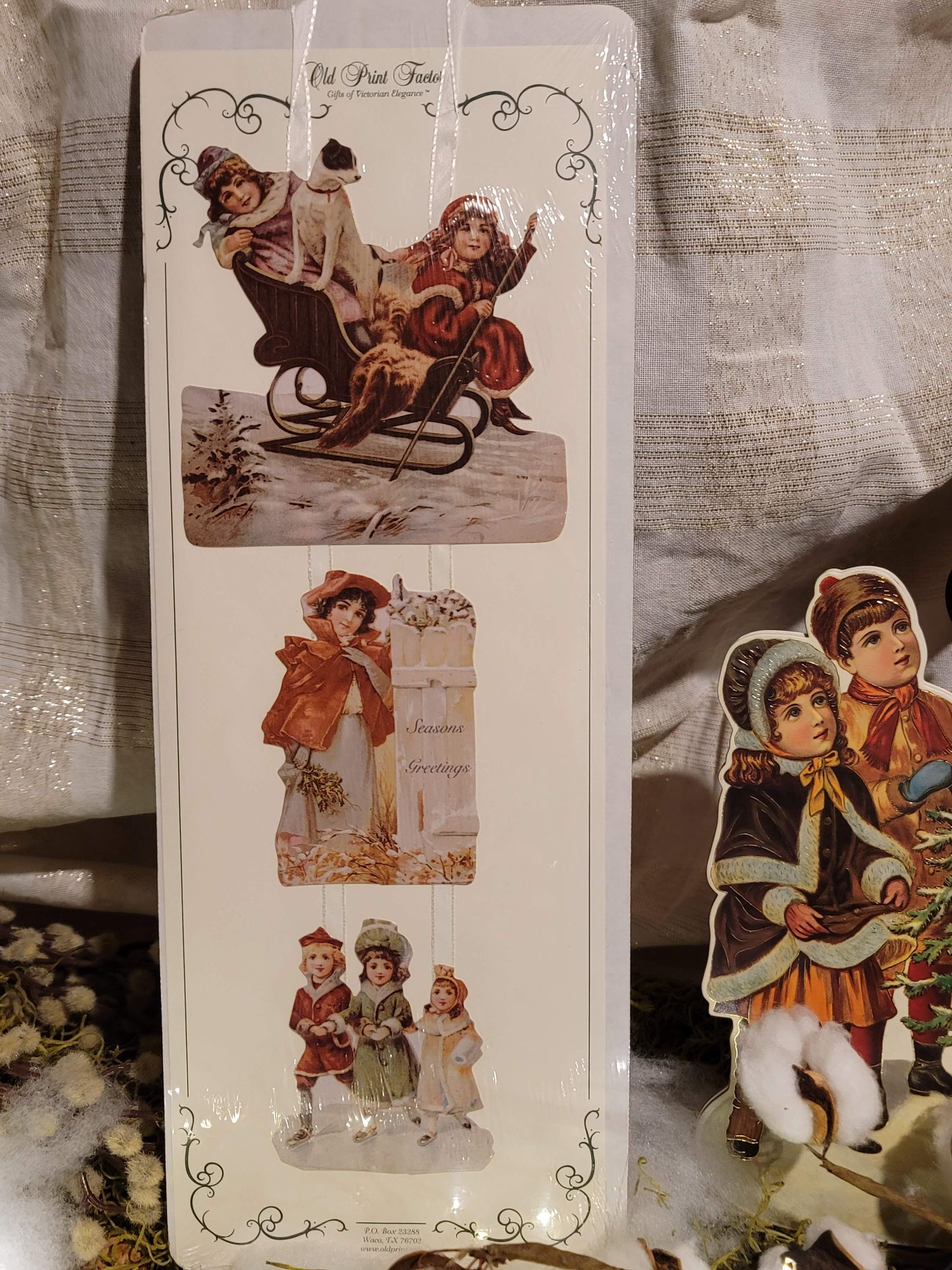 Vintage Victorian Santa Father Christmas or Child with Sled Ribbon Card Ornament