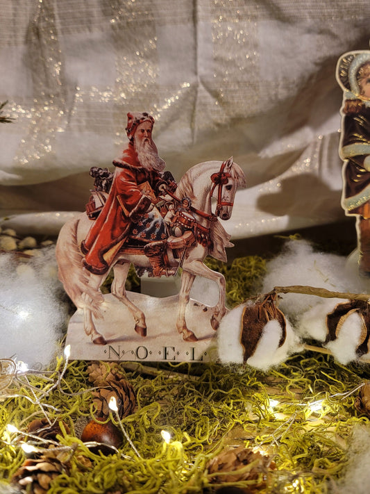 Vintage Victorian Style Equestrian Santa Father Christmas Riding Horse Standing Easel Card