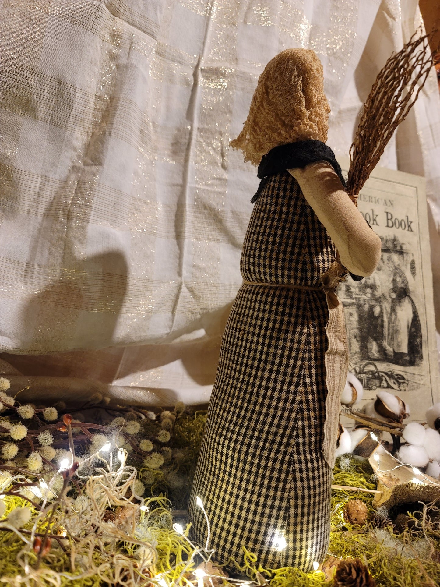 Primitive Vintage Halloween Style Photo Face Witch Figurine with Broom