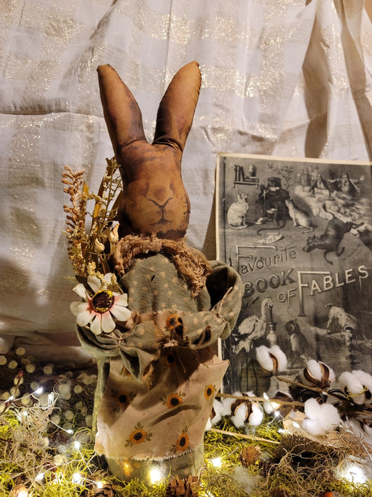 Primitive Vintage Style Stuffed Spring Sunflower Bunny Figurine