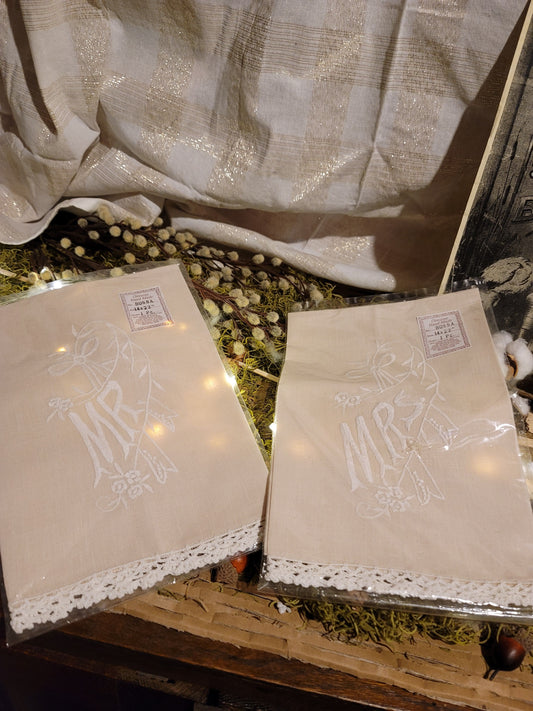 Victorian Style Embriodered Wedding Anniversary Mr and Mrs Tea Towels