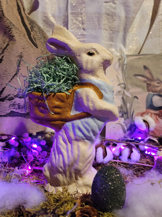 Vintage German Style Easter Paper Mache Standing Rabbit with Basket