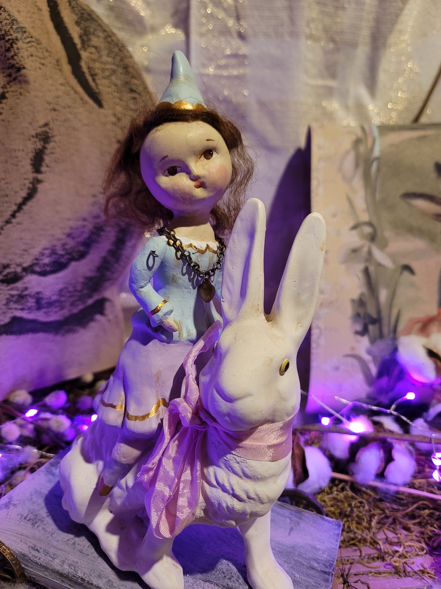 Folk Art Dee Harvey Easter Riding Ruby Bunny Cart Figurine