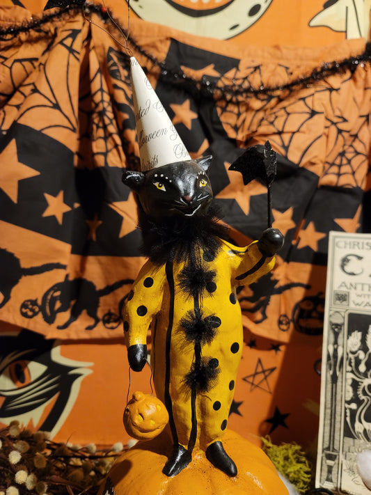 Vintage Halloween Style Nicol Sayre Black Cat Witch Pumpkin with Wand