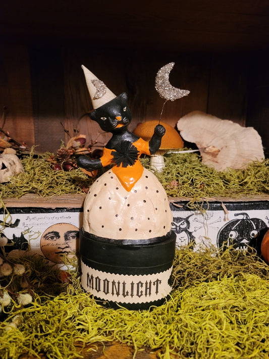 Vintage Halloween Style Nicol Sayre Black Cat Witch on Box Container Figurine