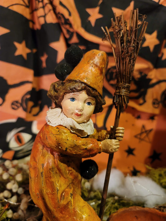 Vintage Halloween Style Postcard Clapsaddle Clown Girl Pumpkin Figurine