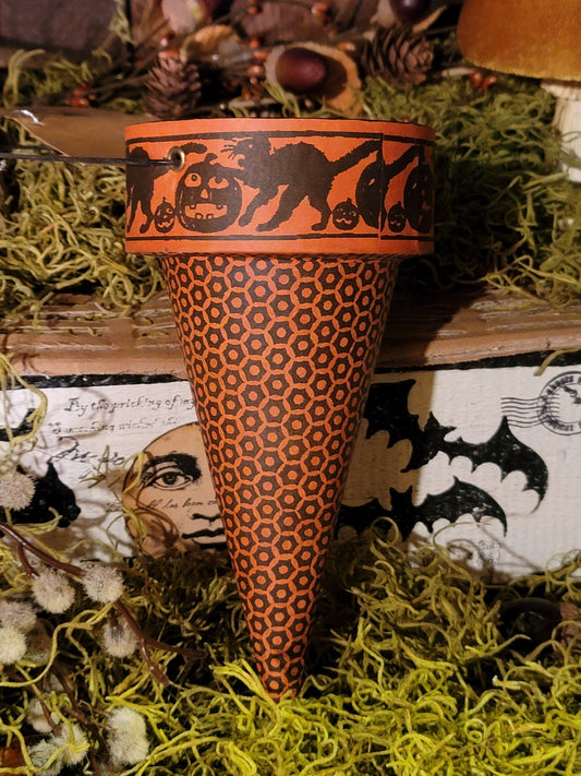 Vintage Halloween German Style Black Cat with Pumpkin Bethany Lowe Cone Container