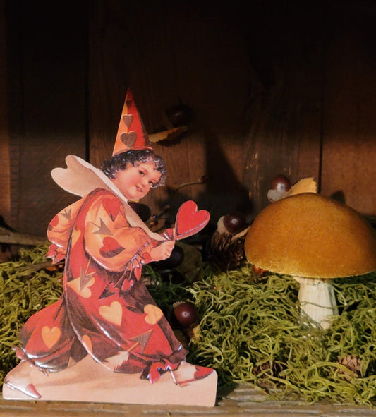 Vintage Victorian Style Cupid Clown Valentine Easel Card Holding Heart