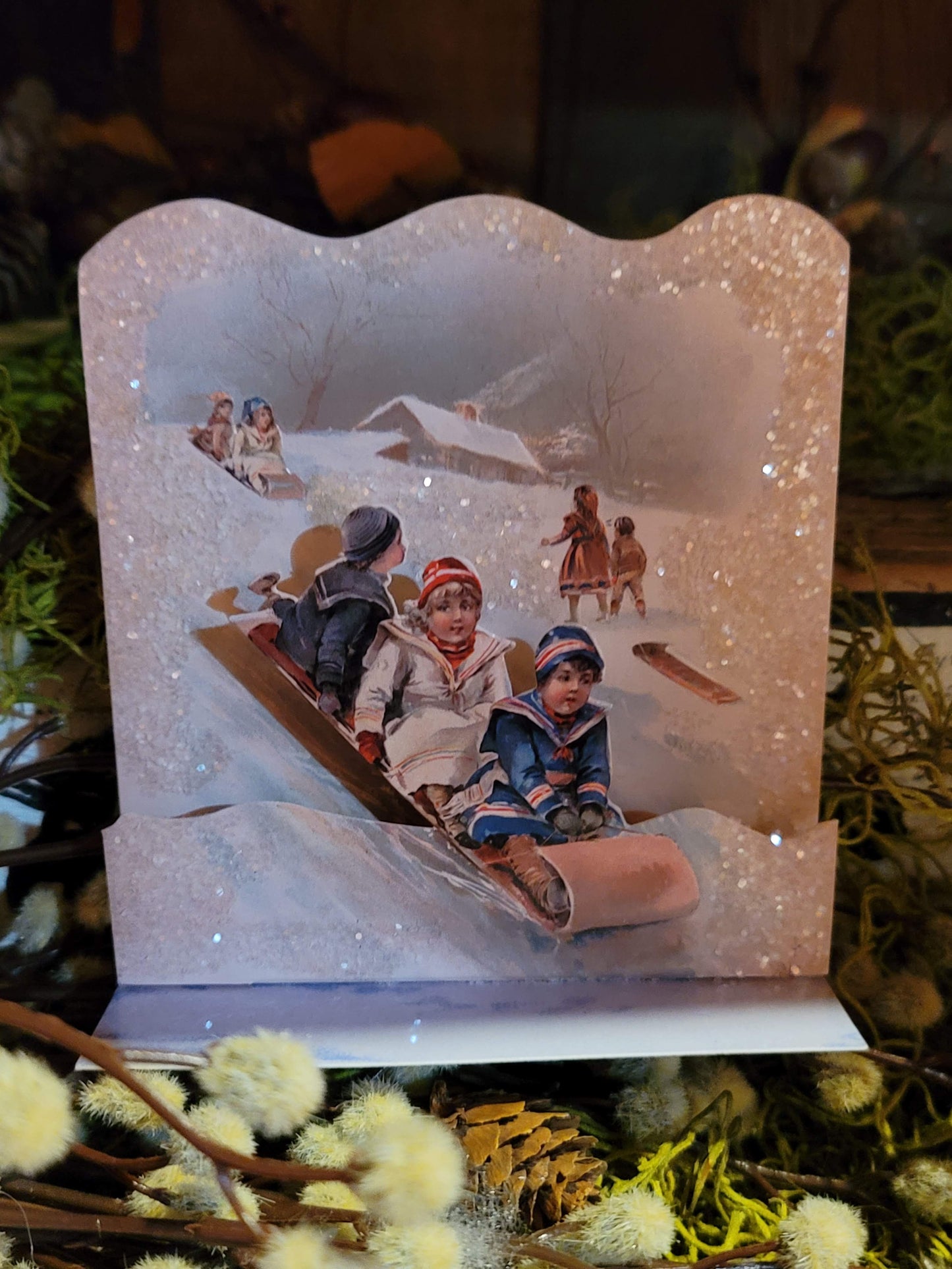 Vintage Victorian Style Children on Sled Pop Up Standing Easel Card