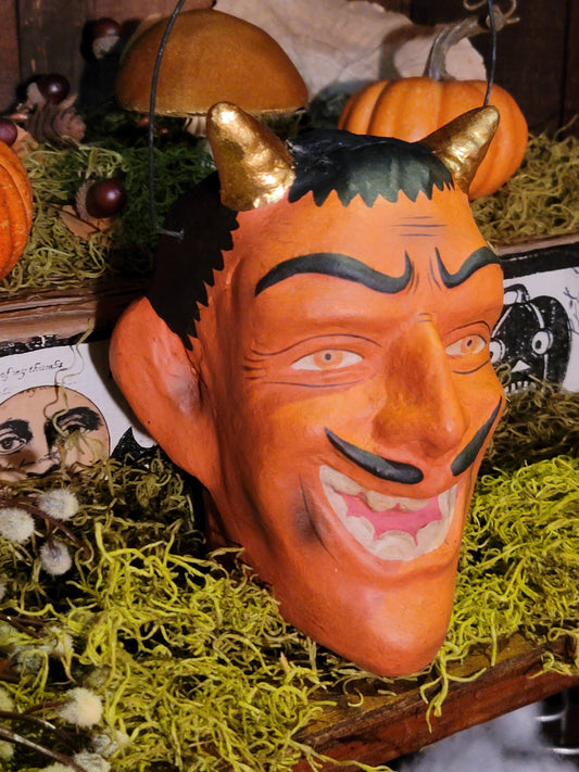 Vintage Halloweeen Style Tharnwyck Devil Head Golden Horns Paper Mache Candy Bucket