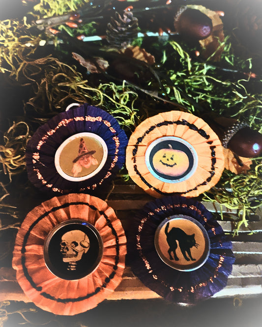 Vintage Halloween Style Witch, Skeleton, Black Cat and Pumpkin Ornaments Set