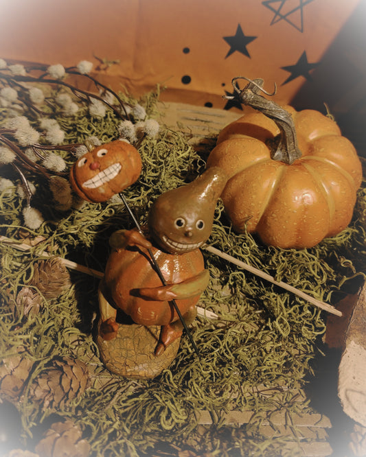 Vintage Halloween Silver Willow Pumpkin Gourd with Stick Pumpkin Figurine