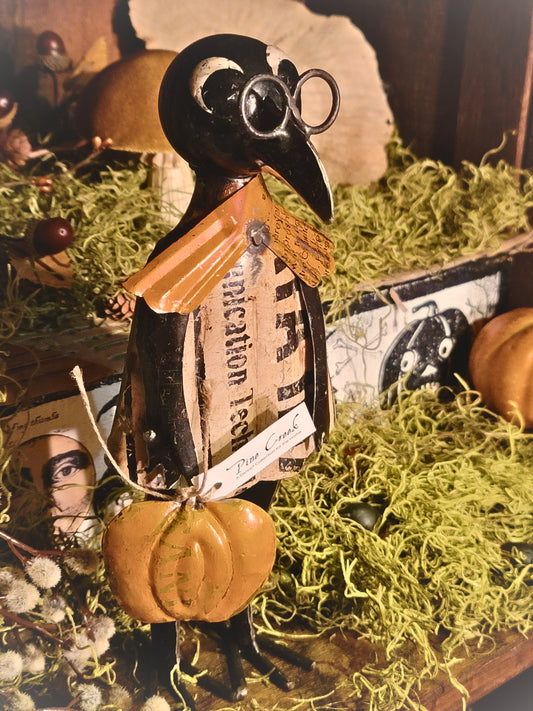 Vintage Halloween Style Folk Art Metal Crow with Pumpkin