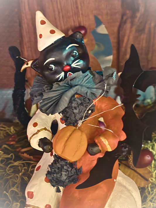 Vintage Halloween Style Dee Harvey Foust Black Cat Witch Clown on Pumpkin Figurine