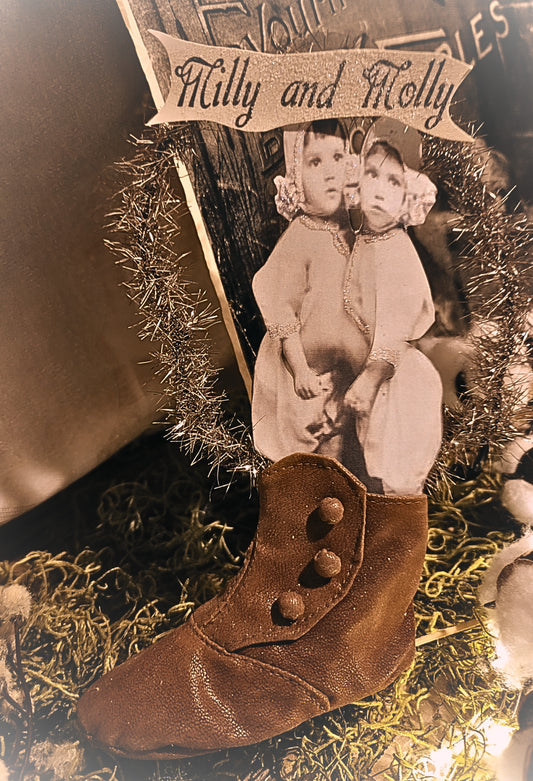 Vintage Antique Style Photo Art In Leather Baby Shoe Wreath Ornament