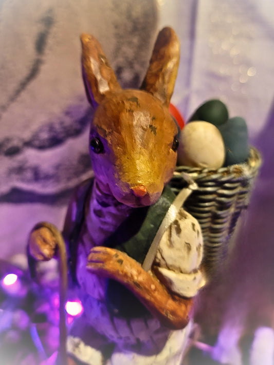 Vintage Victorian Easter Postcard Style Bunny Rabbit with Egg Basket Figurine