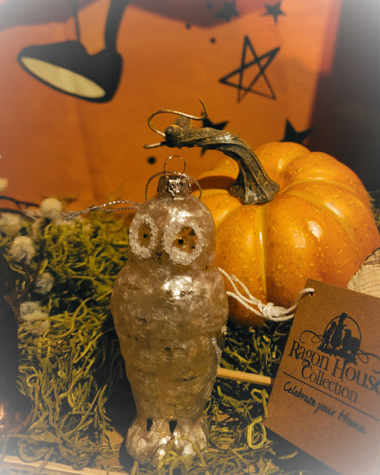 Vintage Halloween Style Silver White Mercury Owl Ornament