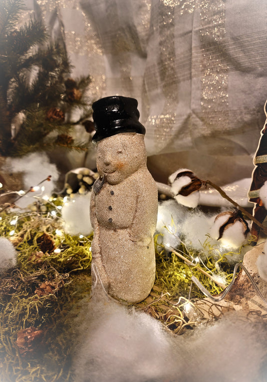 Vintage Christmas Postcard Style Victorian Sleepy Snowman with Broom Figurine