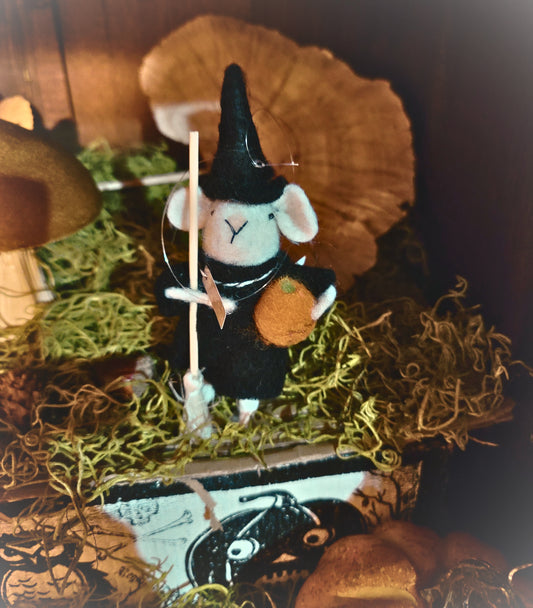 Vintage Halloween Style Witch Mouse Felt Ornament