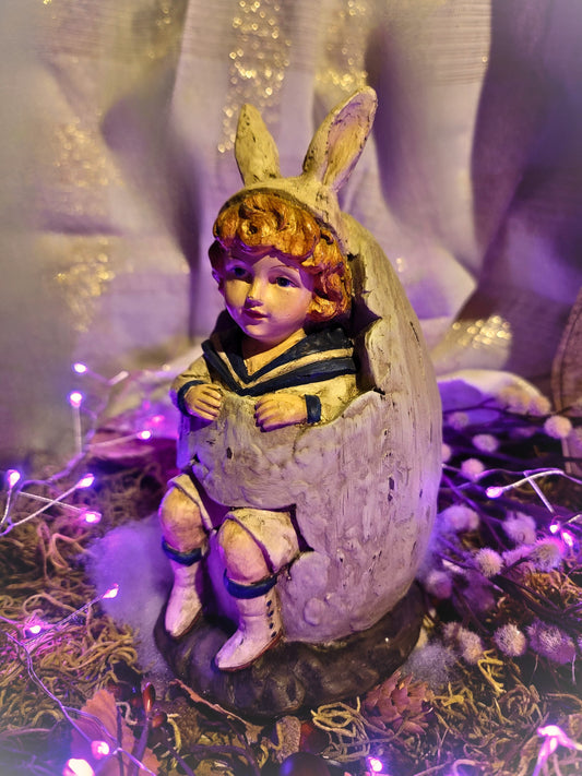 Vintage Victorian Postcard Style Bunny Boy in Easter Egg Figurine