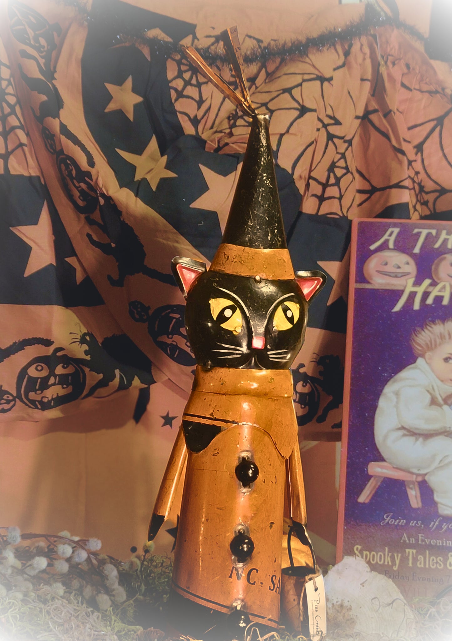 Vintage Halloween Style Black Cat Witch Trick or Treater with Skull Bucket