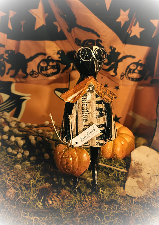 Vintage Halloween Style Folk Art Metal Crow with Pumpkin
