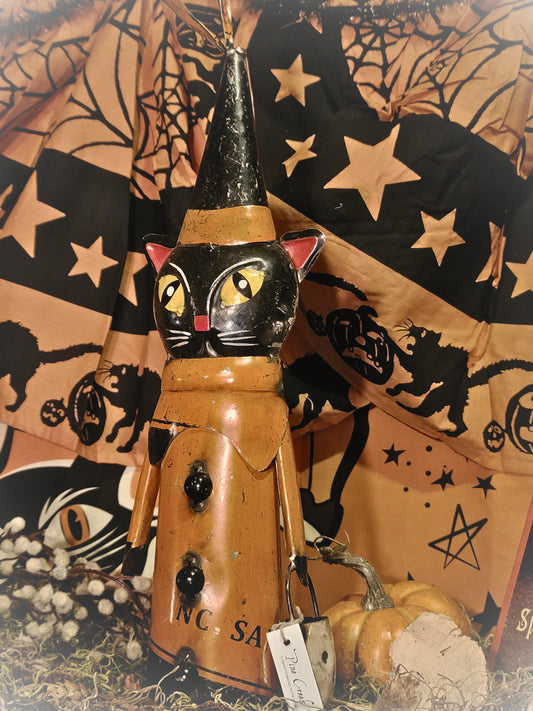 Vintage Halloween Style Black Cat Witch Trick or Treater with Skull Bucket