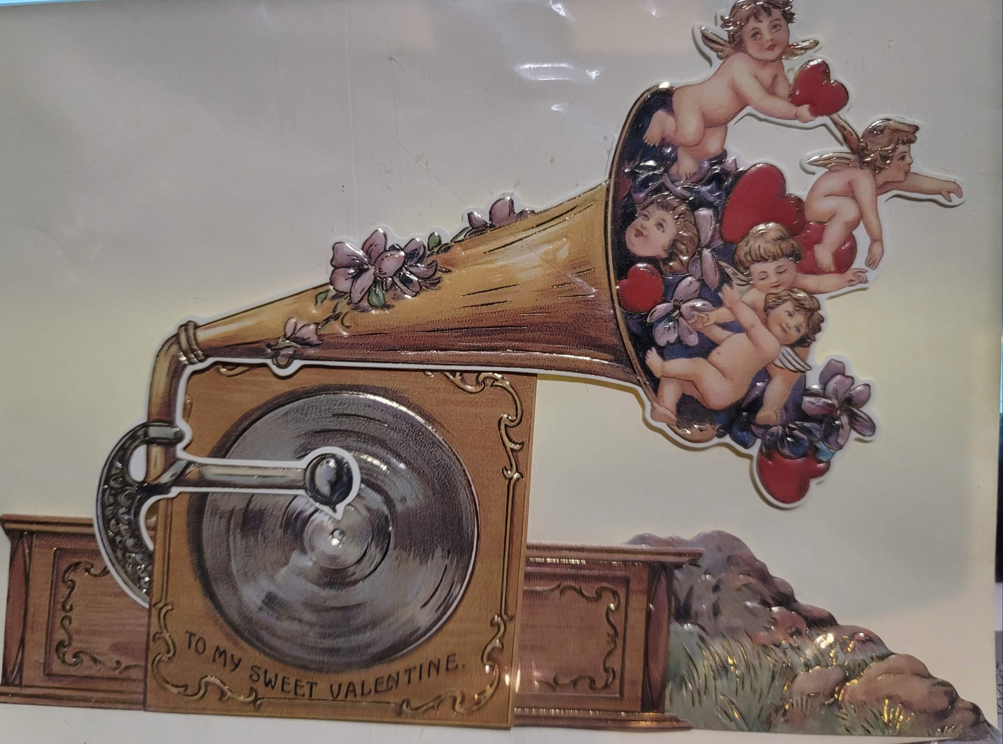 Vintage Victorian Style Cupids Gramaphone 3D Anniversary Proposal Marriage Love Card