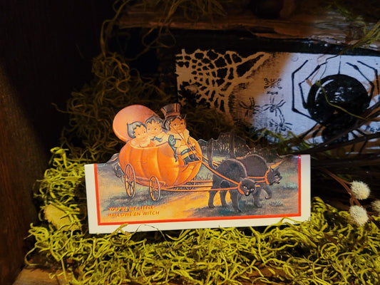 Vintage Halloween Style Black Cat Pumpkin Carriage Standing Easel Card