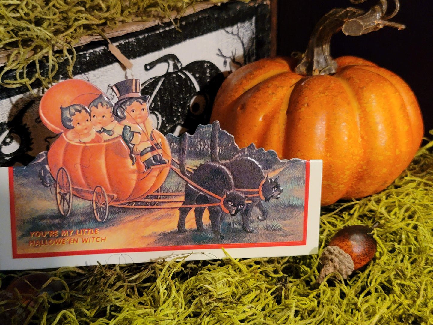 Vintage Halloween Style Black Cat Pumpkin Carriage Standing Easel Card
