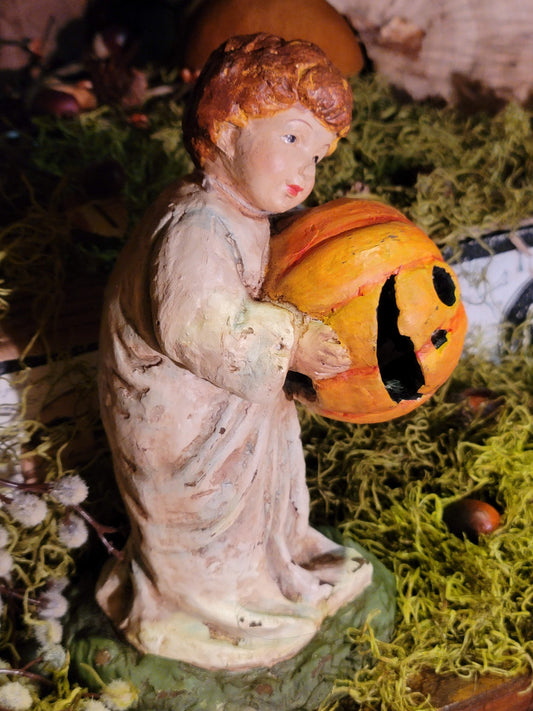 Vintage Halloween Postcard Style Ghost Holding Pumpkin Boy Figurine