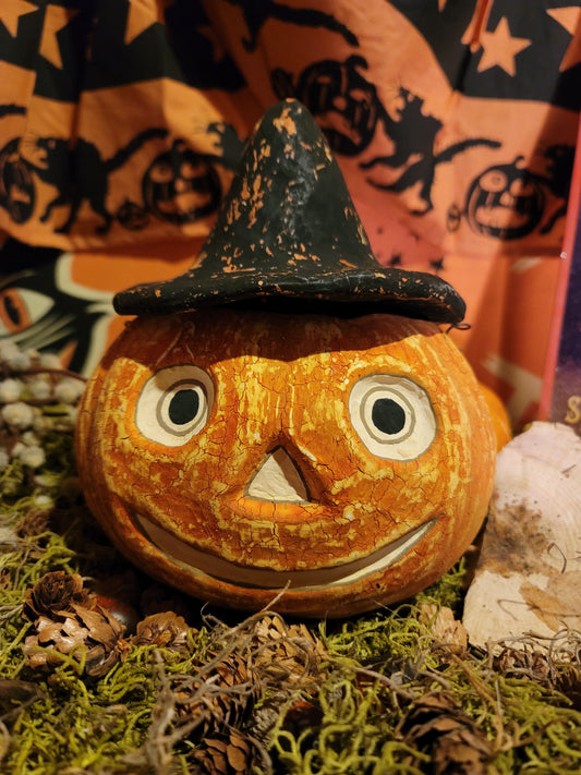 Vintage Halloween Style Witch Bethany Lowe Paper Mache Pumpkin Bucket RARE