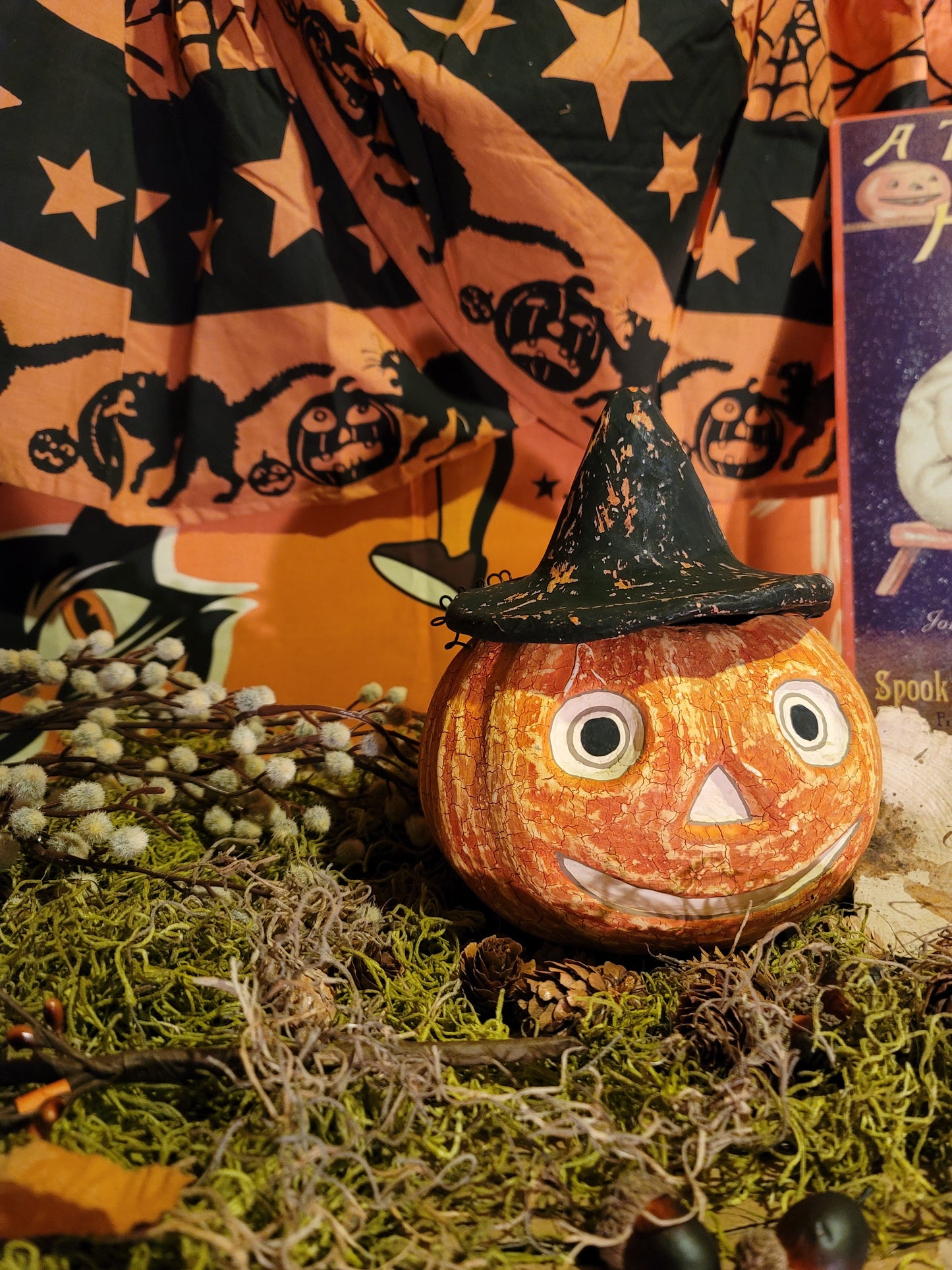 Vintage Halloween Style Witch Bethany Lowe Paper Mache Pumpkin Bucket RARE