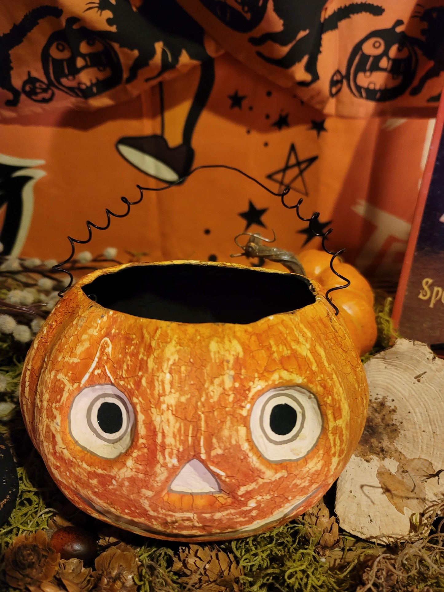 Vintage Halloween Style Witch Bethany Lowe Paper Mache Pumpkin Bucket RARE
