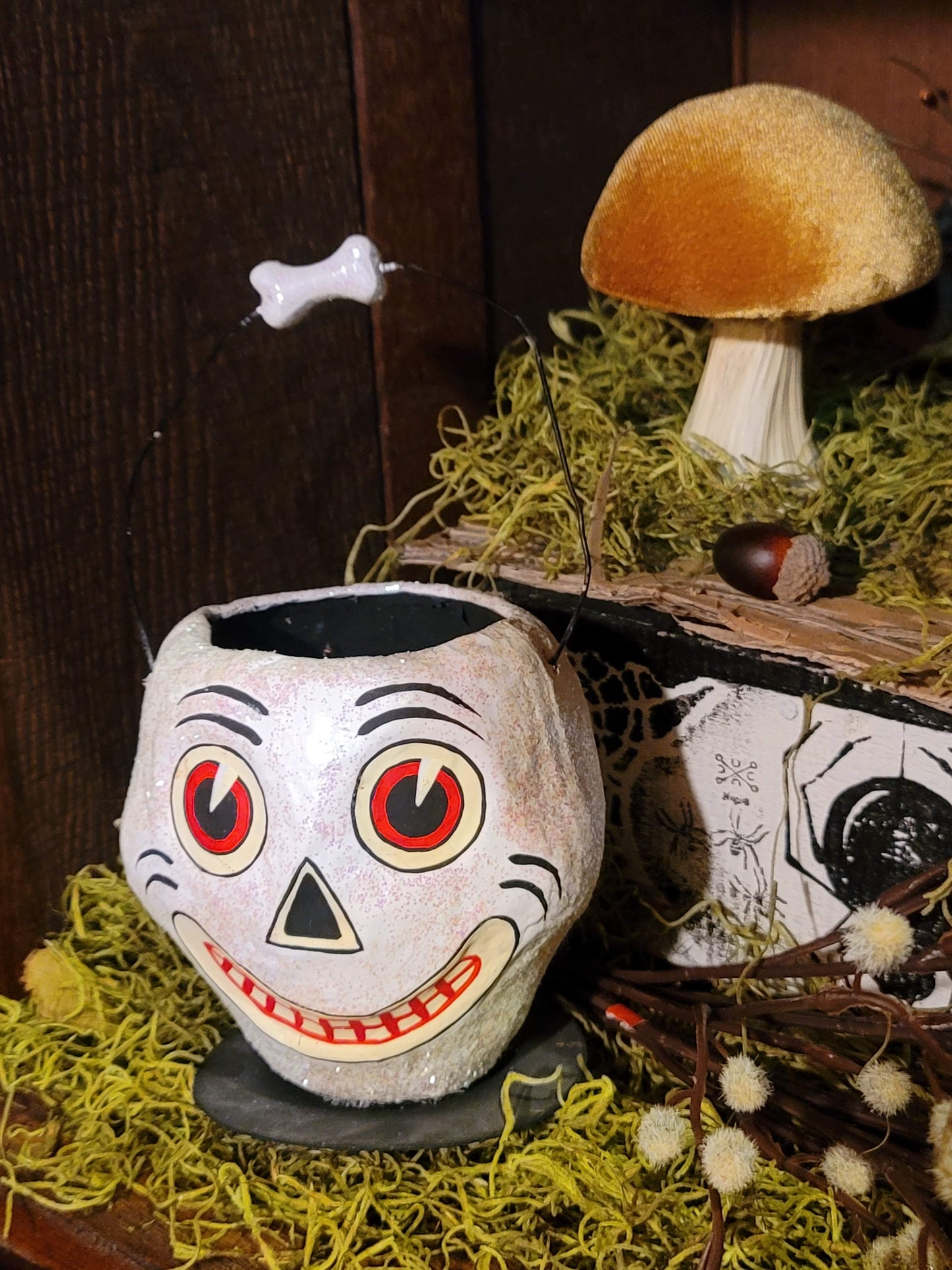 Vintage Halloween Style Glittered Skeleton Bucket Small