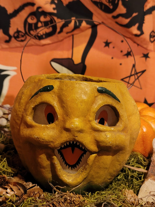 Vintage Halloween Style Bethany Lowe Papier Paper Mache Pumpkin Lantern Container