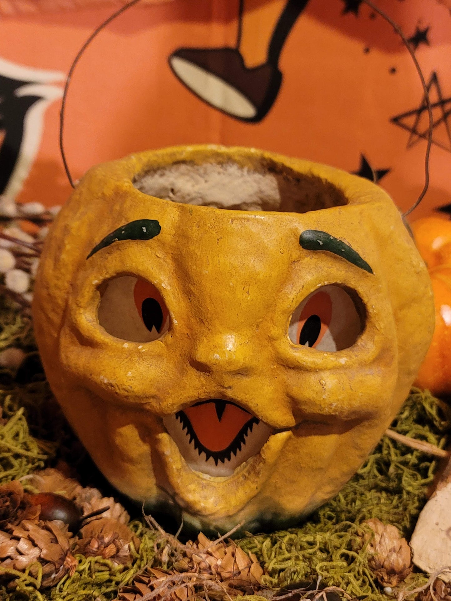 Vintage Halloween Style Bethany Lowe Papier Paper Mache Pumpkin Lantern Container