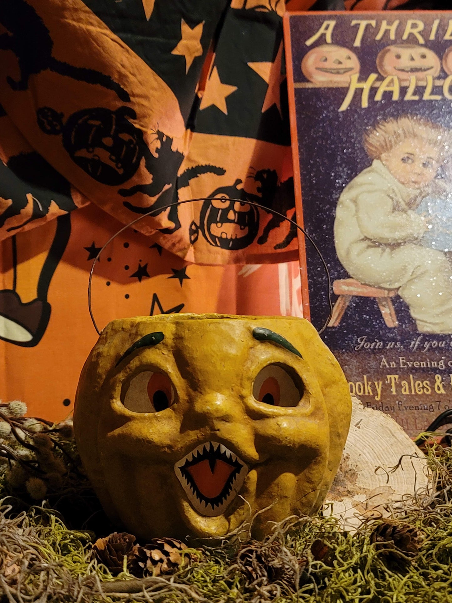 Vintage Halloween Style Bethany Lowe Papier Paper Mache Pumpkin Lantern Container
