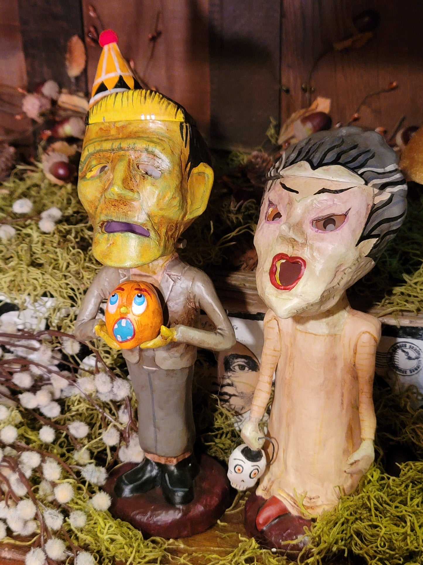 Vintage Halloween Style Frankenstien Bride and Groom Figurine Containers Set