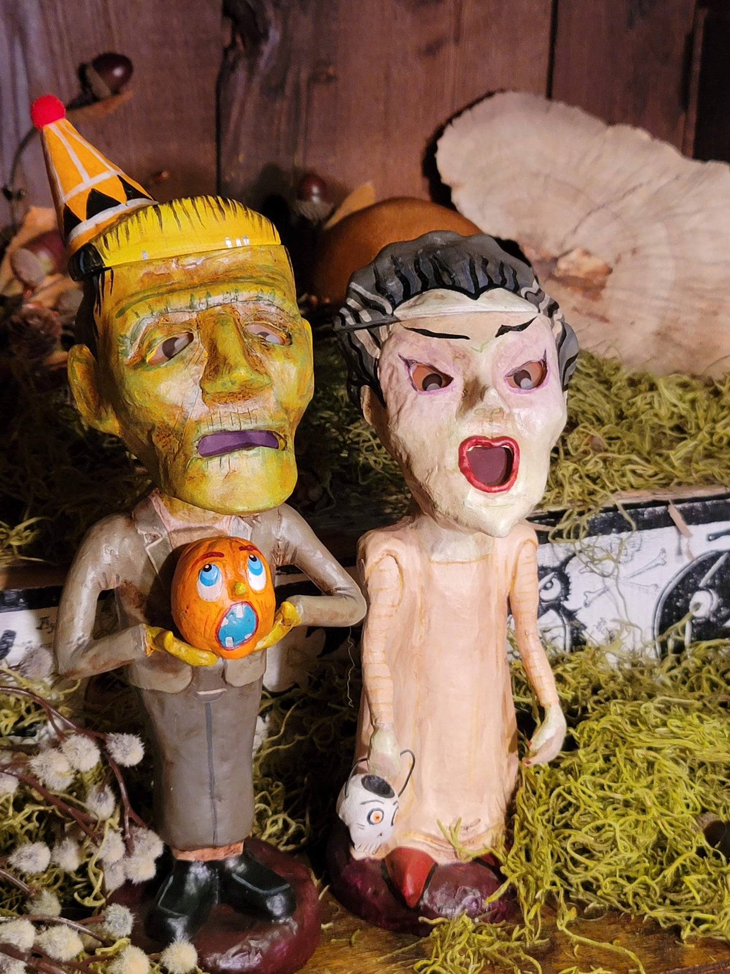 Vintage Halloween Style Frankenstien Bride and Groom Figurine Containers Set