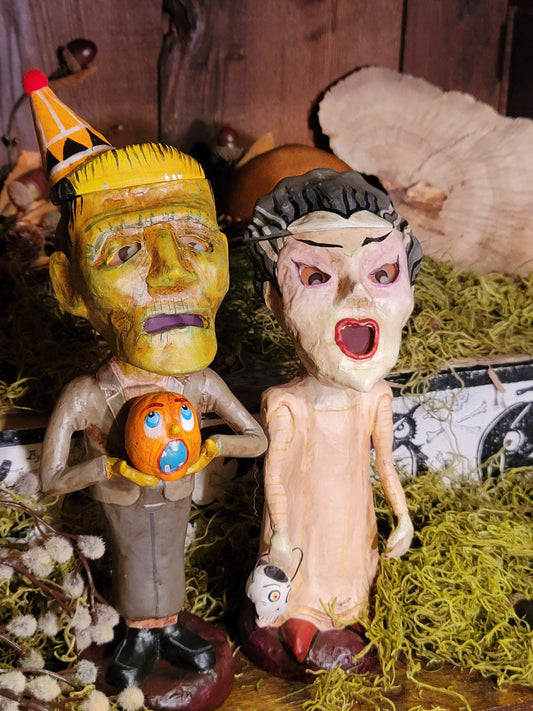 Vintage Halloween Style Frankenstien Bride and Groom Figurine Containers Set