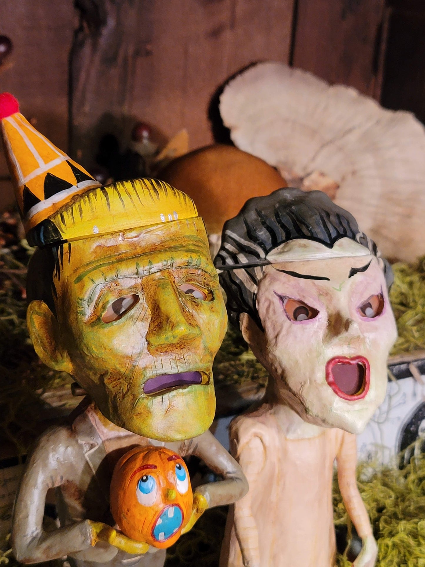 Vintage Halloween Style Frankenstien Bride and Groom Figurine Containers Set